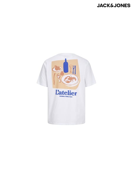 JACK & JONES White 100% Cotton Back Print Dining Theme T-Shirt (N53781) | €10