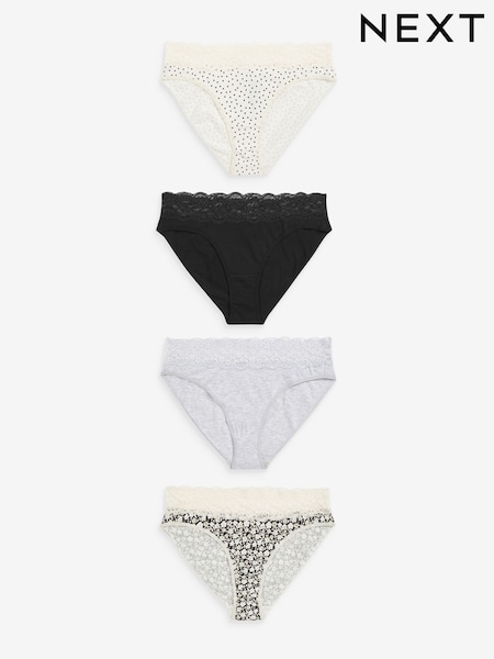 Black/Cream Print/Grey High Leg Cotton and Lace Knickers 4 Pack (N53801) | €10