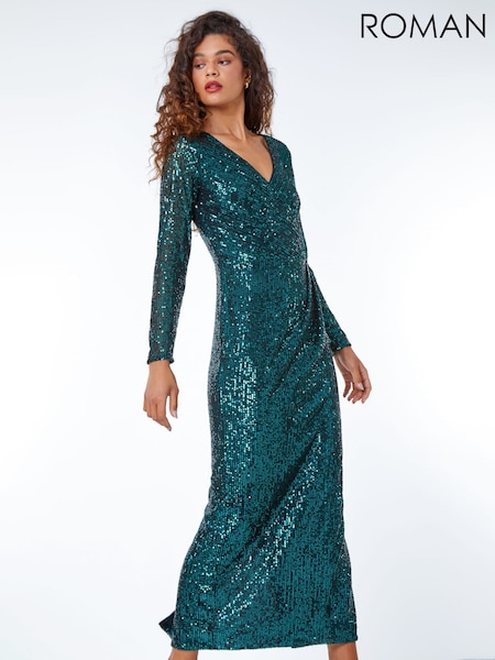 Roman Green Sequin Wrap Stretch Maxi Dress (N53815) | €57