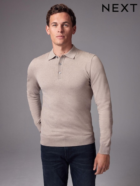 Neutral Slim Fit Knitted Long Sleeve Polo Shirt (N53819) | €34