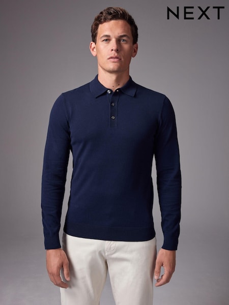 Blue Navy Slim Fit Knitted Long Sleeve Polo Shirt (N53820) | €16