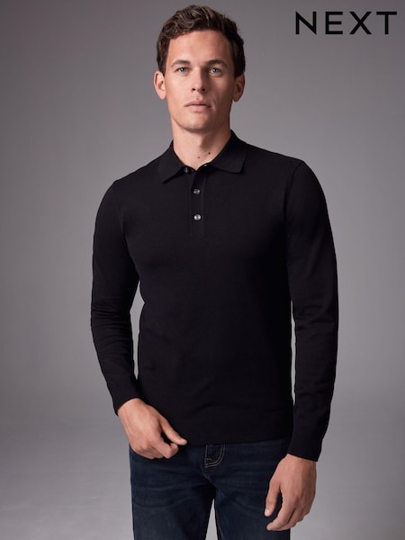Black Slim Fit Knitted Long Sleeve Polo Shirt (N53832) | €16