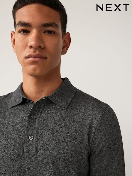 Grey Charcoal Slim Fit Knitted Long Sleeve Polo Shirt (N53833) | €6
