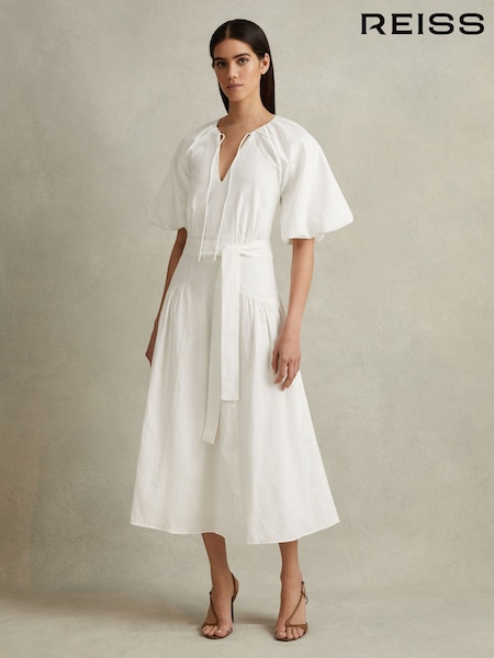 Reiss White Alice Petite Lyocell Blend Puff Sleeve Midi Dress (N53950) | €140