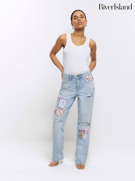 River Island High Rise Straight Leg Non Stretch Patchwork Jeans (N54041) | ‏7 ر.ع.‏