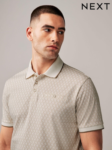 White and Gold Short Sleeve Print Polo Shirt (N54069) | $49