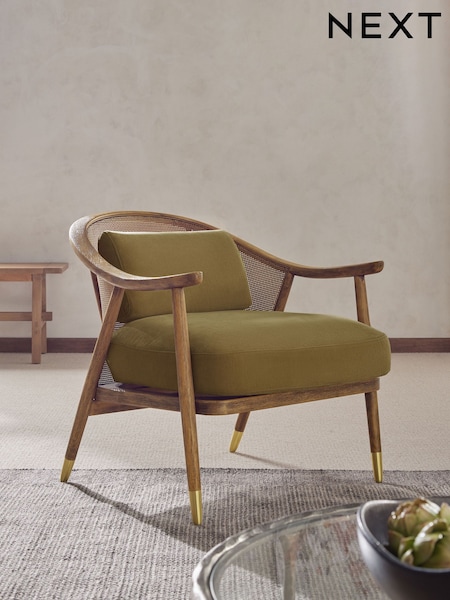 Bronx Frame Relaxed Chenille Light Olive Green Reuben Curved Wooden Rattan Accent Chair (N54186) | €460