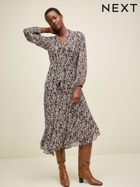 Brown Leopard Print Long Sleeve Tie Neck Asymmetric Midi Dress (N54422) | €38