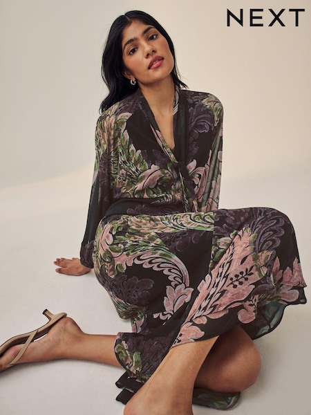 Purple Paisley Print Long Sleeve Tie Neck Asymmetric Midi Dress (N54442) | €38