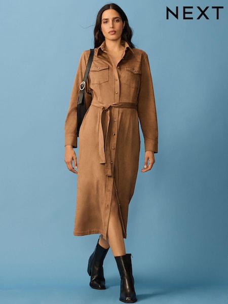 Taupe Brown Western Faux Suede Long Sleeve Midi Shirt Dress (N54451) | €41.50