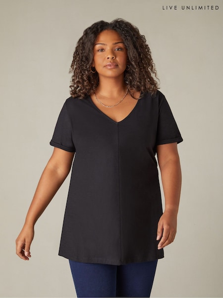 Live Unlimited Black Curve 100% Cotton Slub V-Neck Longline T-Shirt (N54515) | R$ 385