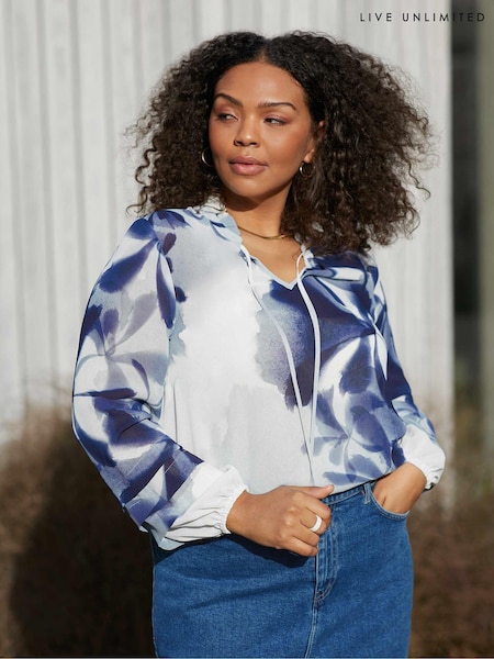 Live Unlimited Blue/White Curve Floral Print Pleat Sleeve Blouse (N54538) | €43.50