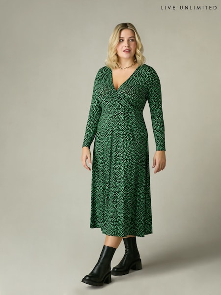 Live Unlimited Green Curve Spot Print Jersey Wrap Dress (N54554) | €37