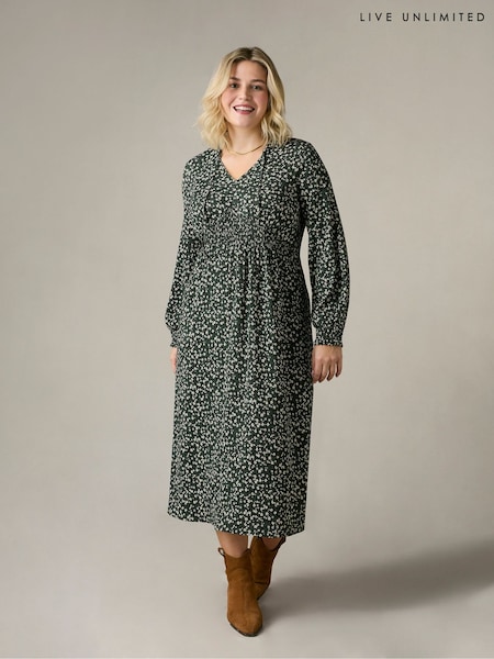 Live Unlimited Green Curve Ditsy Jersey Shirred Waist Dress (N54565) | €50