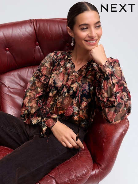 Red/Black Floral Print Metallic Ruffle Tie Neck Long Sleeve Blouse (N54625) | €21