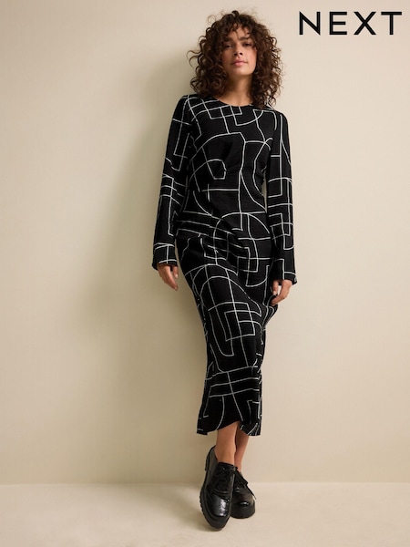Black & White Geometric Print Twist Waist Long Sleeve Midi Dress (N54633) | €13