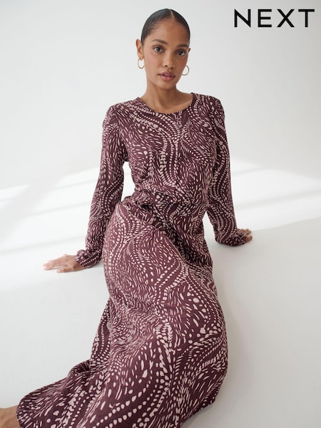 Berry Red Animal Print Twist Waist Long Sleeve Midi Dress (N54637) | €13