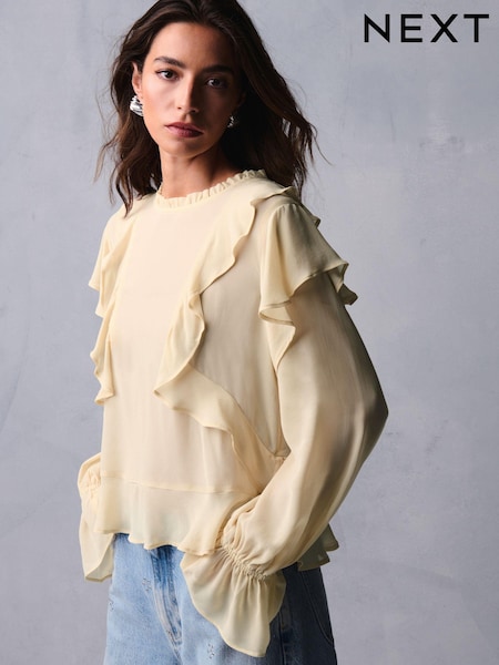 Ecru Ruffle Long Sleeve Blouse (N54640) | €9