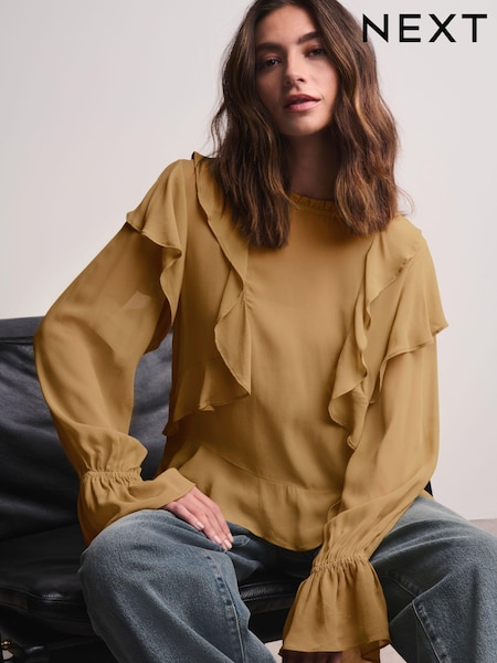 Olive Green Ruffle Long Sleeve Blouse (N54641) | €10