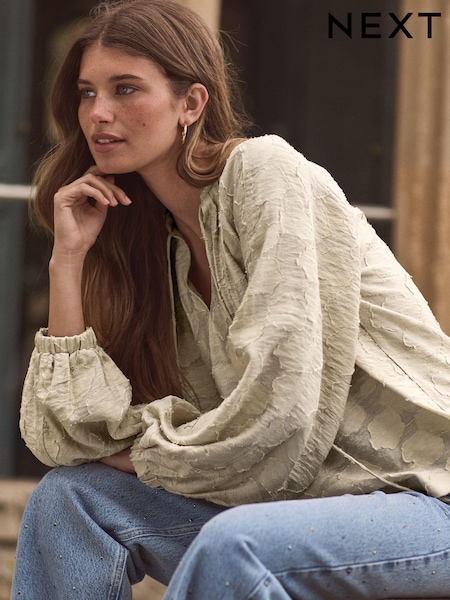 Neutral Premium Tie Neck Long Sleeve Jacquard Blouse (N54747) | AED115