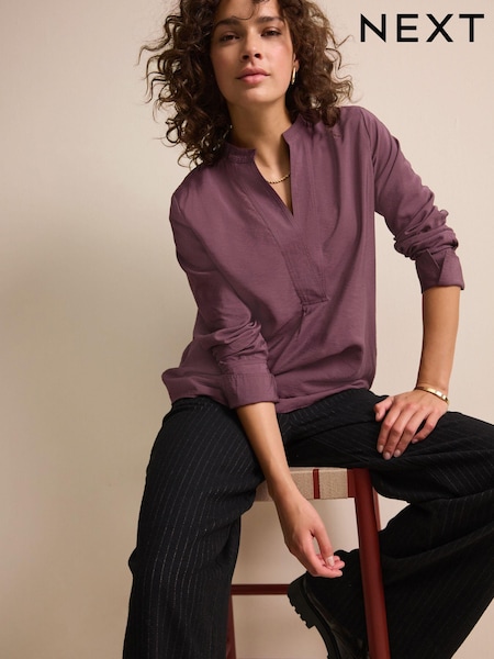 Wine Red Long Sleeve Textured Overhead V-Neck Blouse (N54750) | AED70