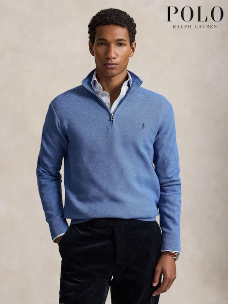 Blå - Regular Polo Ralph Lauren Mesh Knit Cotton Quarter Zip Jumper