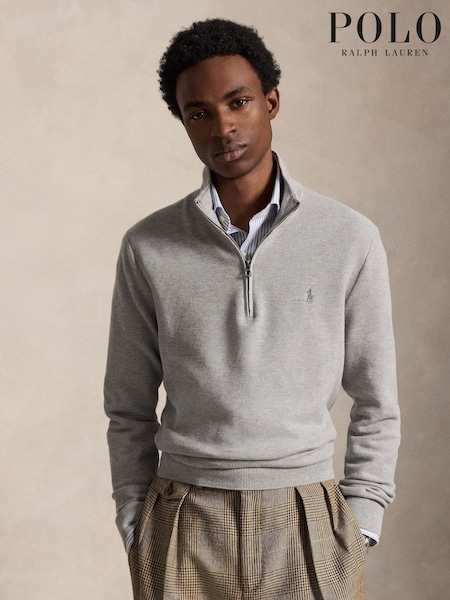 Grey - Regular Polo Ralph Lauren Mesh Knit Cotton Quarter Zip Jumper