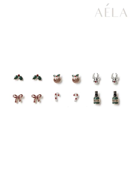 Red - Aela Red Christmas Stud Earrings 6 Pack