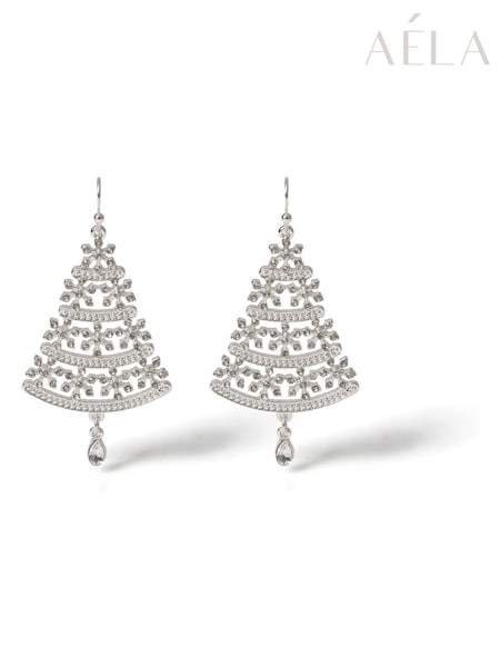 Silver Tone - Aela Silver Tone Christmas Crystal Tree Earrings