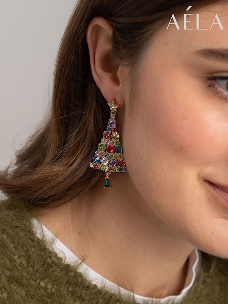 Tono dorado - Aela Gold Tone Christmas Stone Tree Drop Earrings