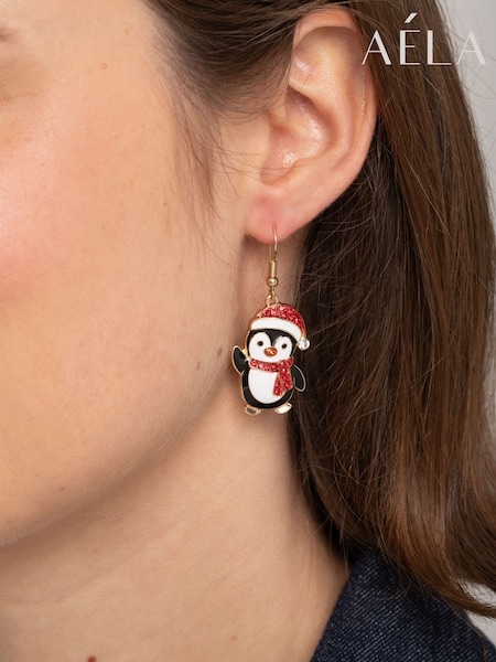 Black - Aela Christmas Penguin Drop Black Earrings
