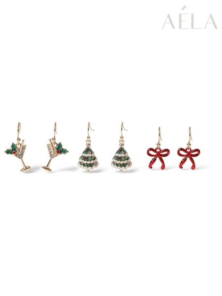 红色 - Aela Red Christmas Mixed Drop Earrings 3 Pack