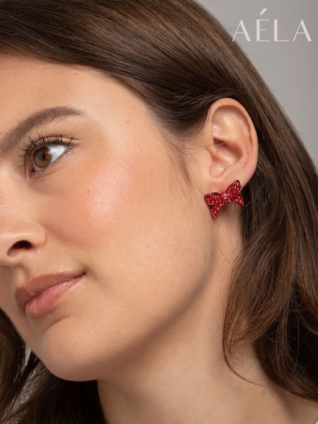 Red - Aela Red Christmas Bow Stud Earrings