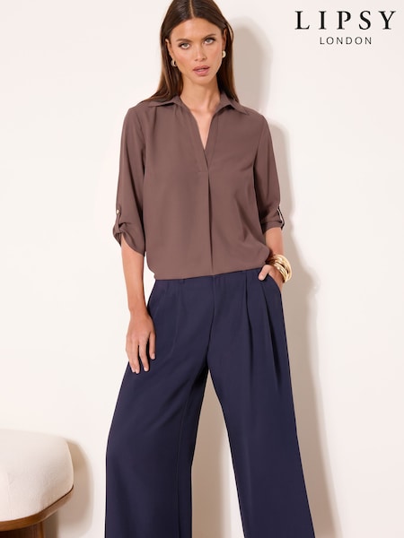 Brown - Lipsy V-neck 3/4 Sleeve Collared Blouse