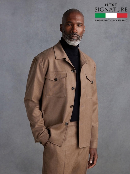Sand Natural Slim Fit Signature Zignone Italian Wool Flannel Shacket (N54878) | AED326