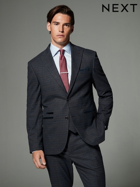 Navy Blue Skinny Fit Trimmed Check Suit Jacket (N54894) | €112