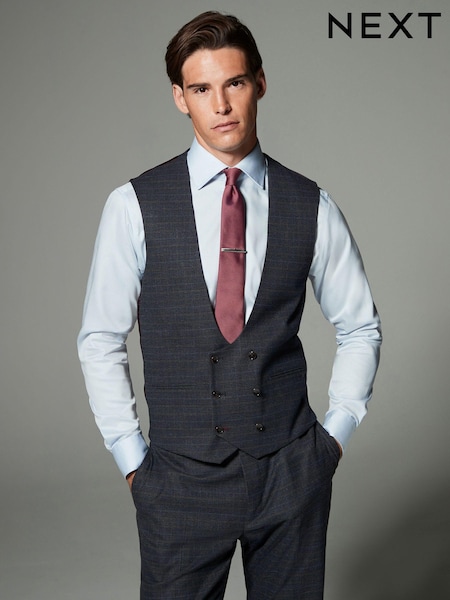 Navy Blue Skinny Fit Trimmed Check Suit Waistcoat (N54896) | €57