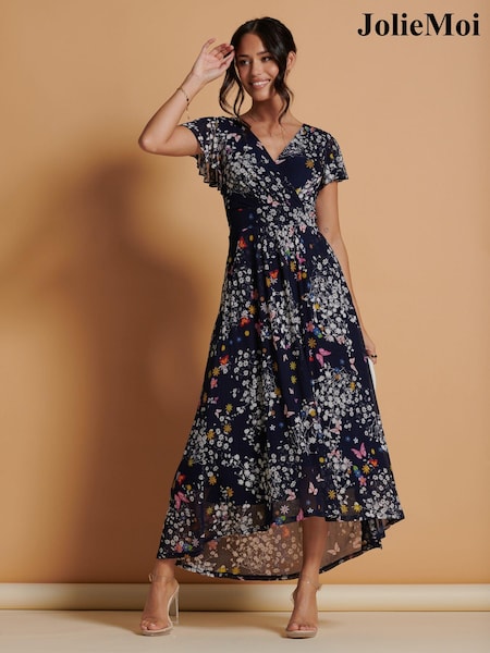 Jolie Moi Blue Mesh V-Neck Maxi Dress (N54958) | €57