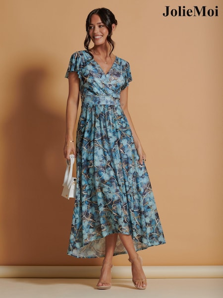 Jolie Moi Light Blue Mesh V-Neck Maxi Dress (N54975) | €57