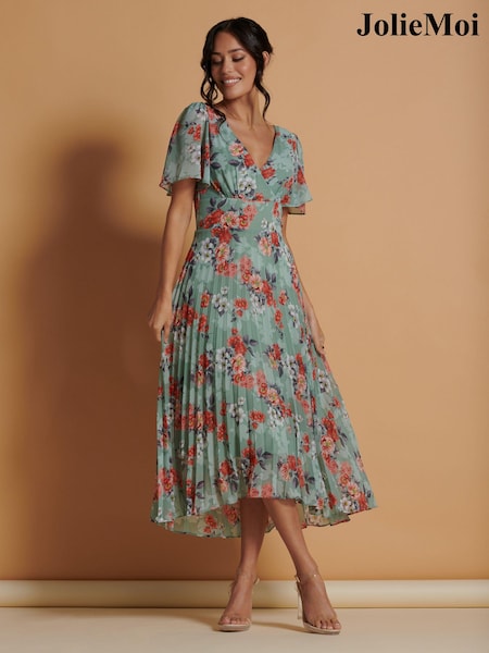 Jolie Moi Green Pleated Chiffon High Low Midi Dress (N54981) | €86