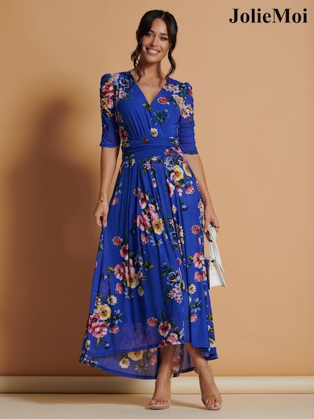 Jolie Moi Blue Haizley Floral Print Mesh Maxi Dress (N54982) | AED518