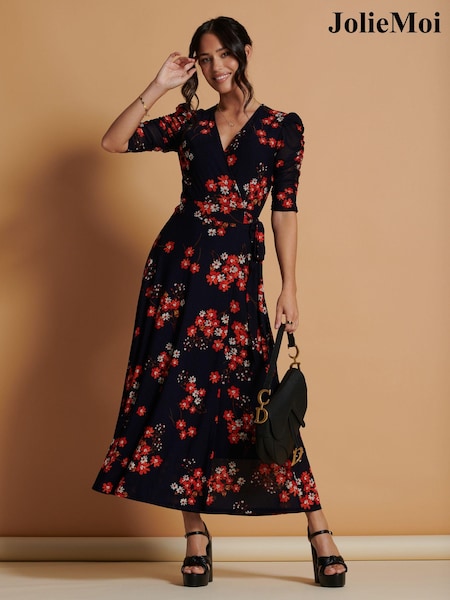 Jolie Moi Blue Qaliyah Wrap Front Mesh Maxi Dress (N54990) | €121