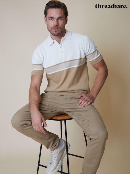 Threadbare Brown & White Cotton Blend 1/4 Zip Knitted Polo Shirt (N55009) | €32