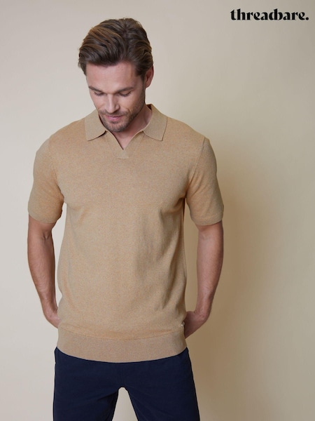 Threadbare Brown Cotton Mix Trophy Neck Short Sleeve Knitted Polo Shirt (N55024) | €13