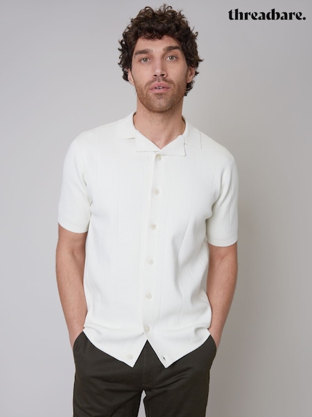 Threadbare White Cotton Mix Revere Collar Short Sleeve Textured Knitted Shirt (N55026) | €16
