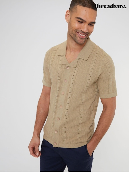Threadbare Brown Cotton Mix Revere Collar Short Sleeve Textured Knitted Shirt (N55032) | €12