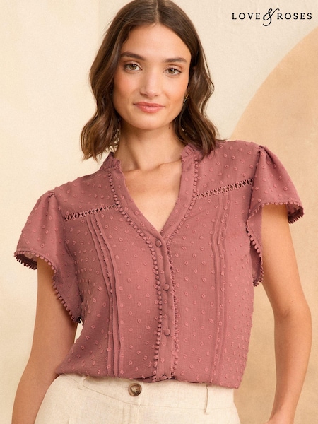 Love & Roses Pink Dobby Flutter Sleeve Lace Trim Blouse (N55182) | €20
