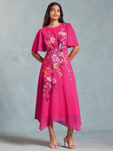 Roz - V&A | Love & Roses cu mânecă evazată Placement Imprimeu Midi Rochie (N55669) | 265 LEI