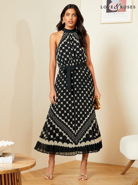 Love & Roses Black/White Polka Dot Pleated Halterneck Maxi Dress (N55672) | € 29