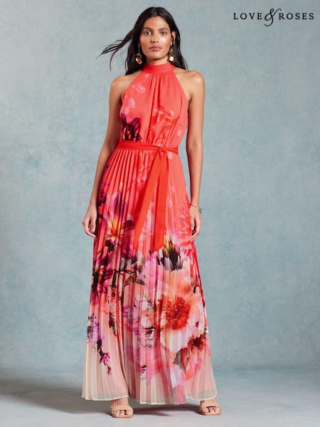 Love & Roses Orange Floral Petite Pleated Halterneck Maxi Dress (N55677) | € 73